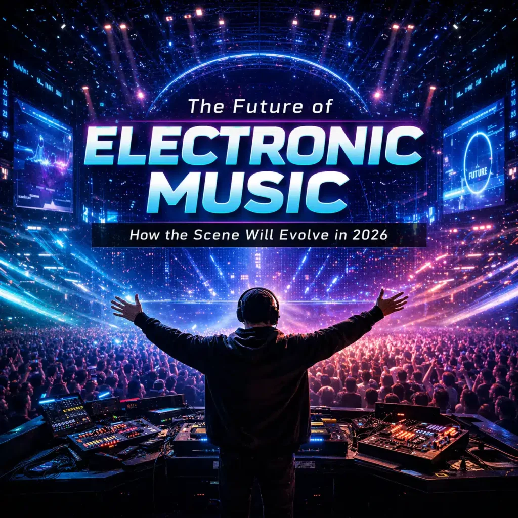 Future of electronic music in 2026 visual representing live performance, AI-assisted production and underground electronic culture
