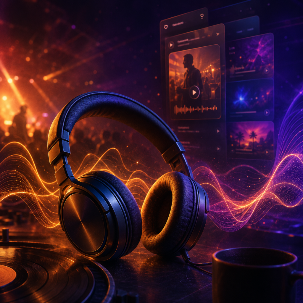 House playlist artwork with glowing headphones, waveform elements and warm club atmosphere