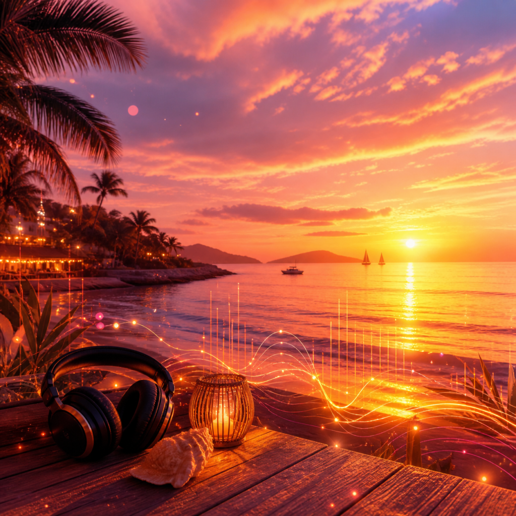 Dreamy square image of a sunset over the sea with warm summer light, soft waves, glowing electronic music elements, and a nostalgic beach atmosphere.