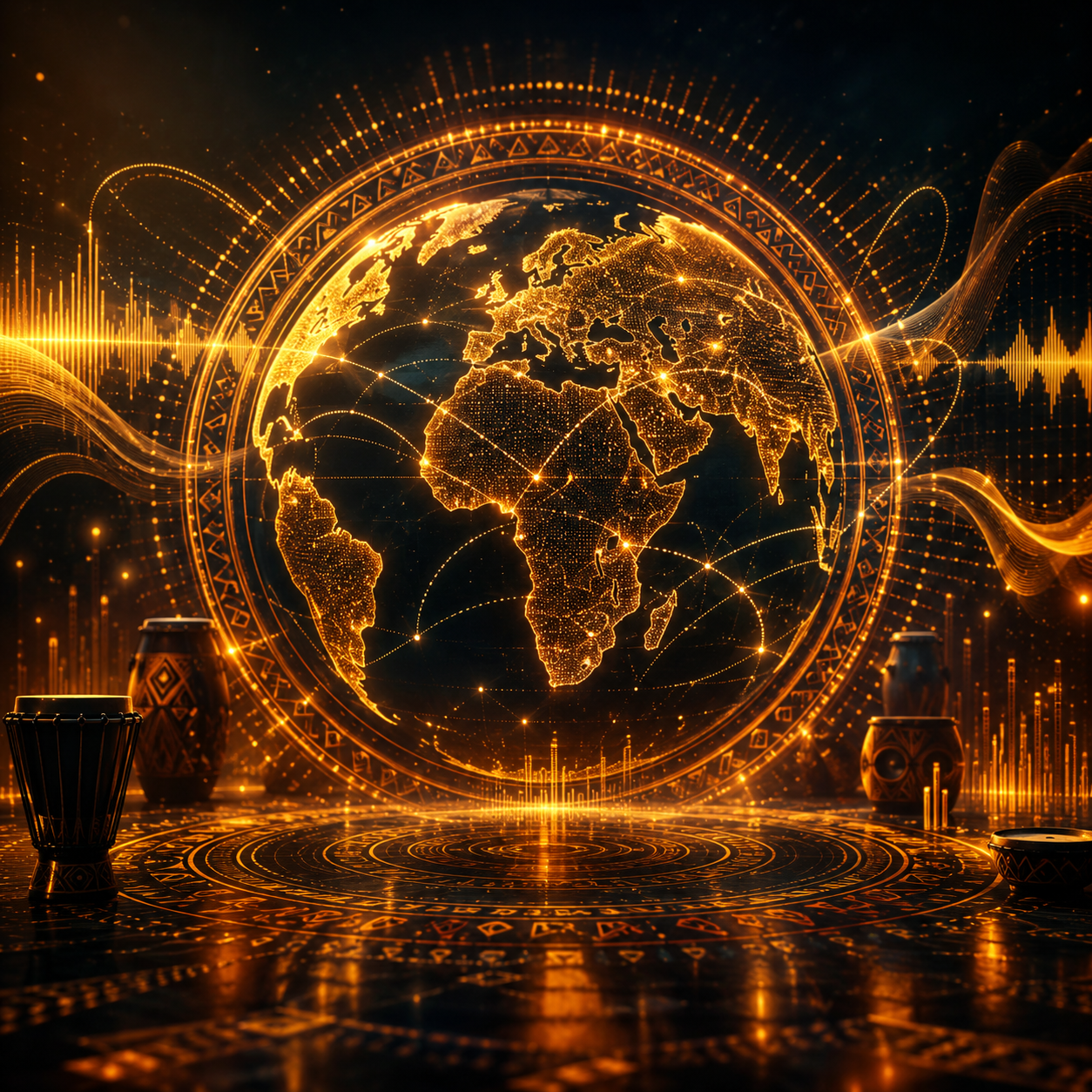 Cinematic Afro House 2026 visual with warm percussion, global electronic music energy and golden rhythmic light