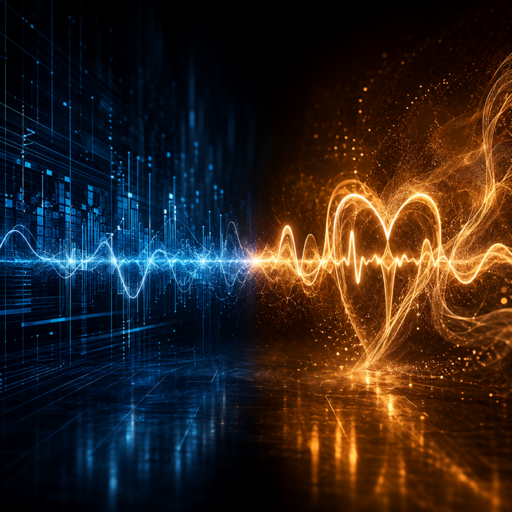 Cinematic visual contrasting AI music and human emotion in electronic music with a glowing heart waveform and digital sound design