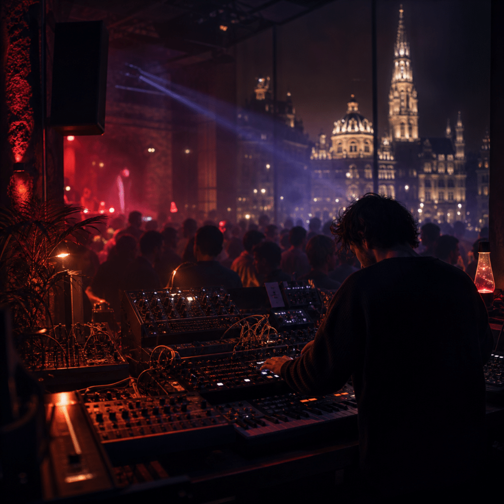 Cinematic Belgian electronic music scene with an underground club, glowing synths, abstract Belgian city lights, and an independent producer atmosphere.