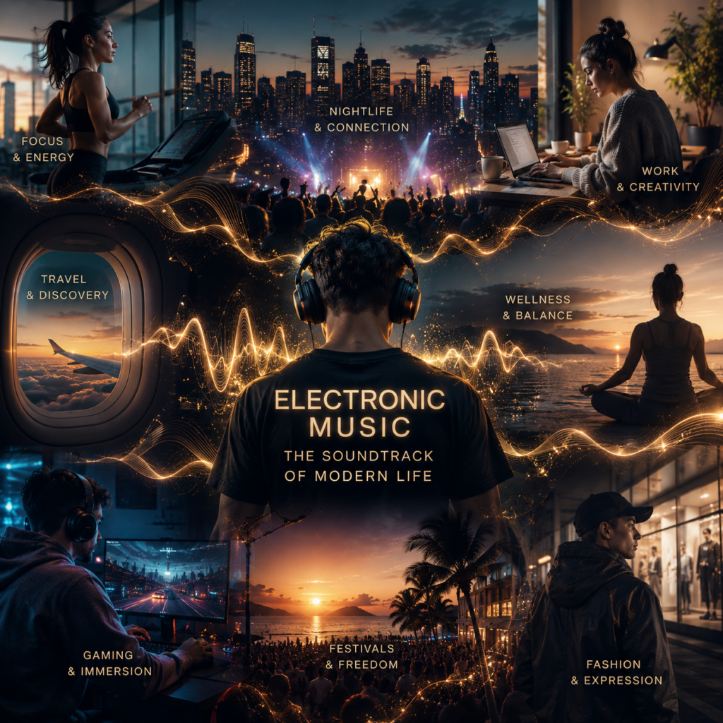 Modern lifestyle scene with electronic music atmosphere, city lights, headphones, waveform glow and cinematic blue gold mood