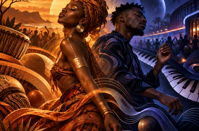 Afro House vs Amapiano visual illustrating the contrast between organic percussion, deep bass rhythms and atmospheric electronic music.