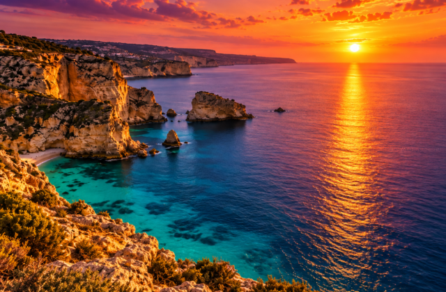 Mediterranean sunset with atmospheric blue and golden light representing the emotional sound of melodic house music.
